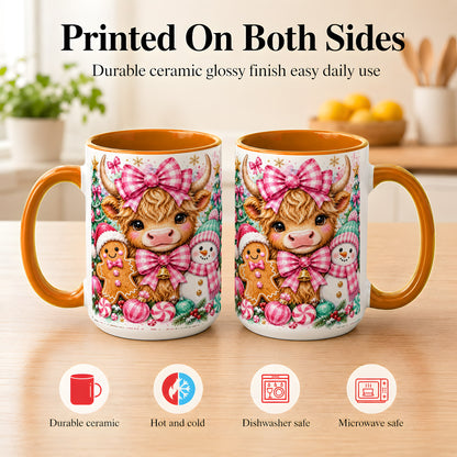 #pl[15oz|Orange] Highland Cow Coffee Mug, Pink Christmas Mug, Ceramic Cup