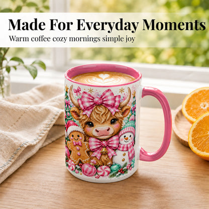#pl[15oz|Pink] Highland Cow Coffee Mug, Pink Christmas Mug, Ceramic Cup