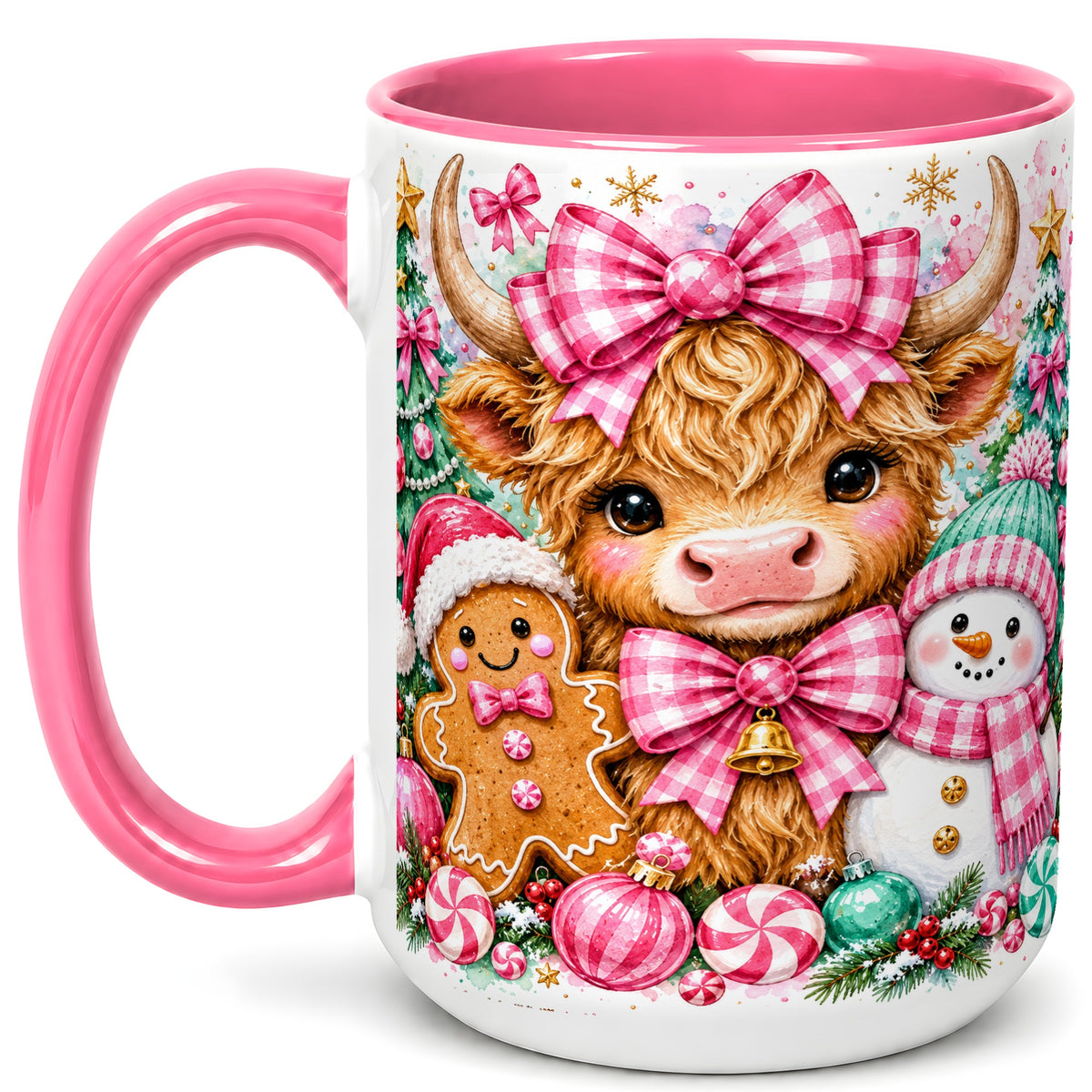 #pl[15oz|Pink] Highland Cow Coffee Mug, Pink Christmas Mug, Ceramic Cup
