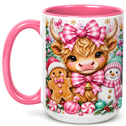 #pl[15oz|Pink] Highland Cow Coffee Mug, Pink Christmas Mug, Ceramic Cup
