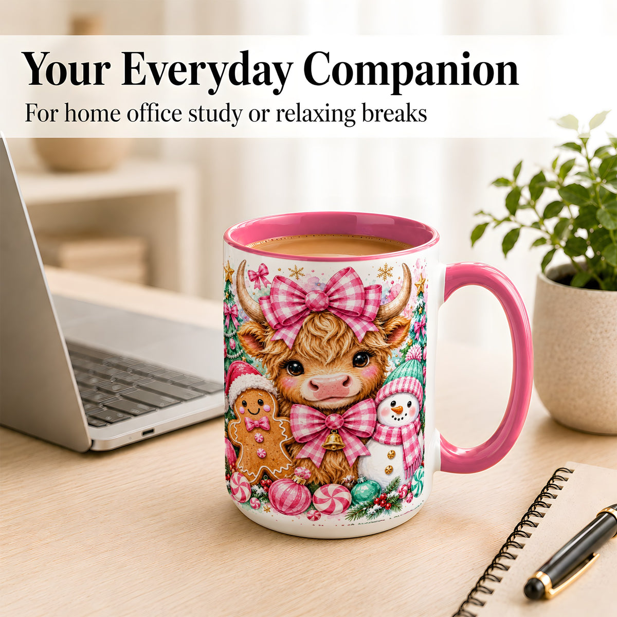 #pl[15oz|Pink] Highland Cow Coffee Mug, Pink Christmas Mug, Ceramic Cup