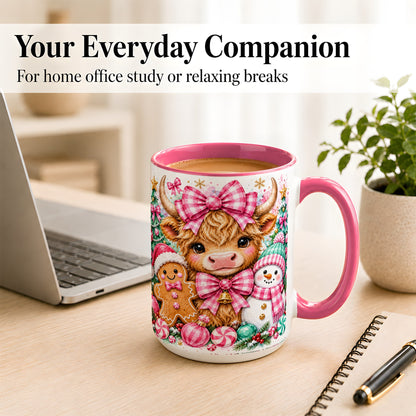 #pl[15oz|Pink] Highland Cow Coffee Mug, Pink Christmas Mug, Ceramic Cup