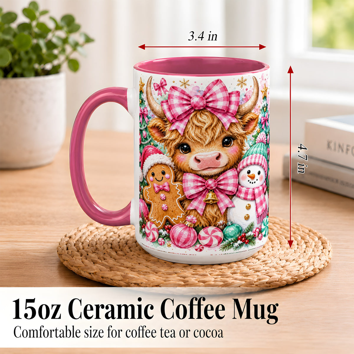 #pl[15oz|Pink] Highland Cow Coffee Mug, Pink Christmas Mug, Ceramic Cup