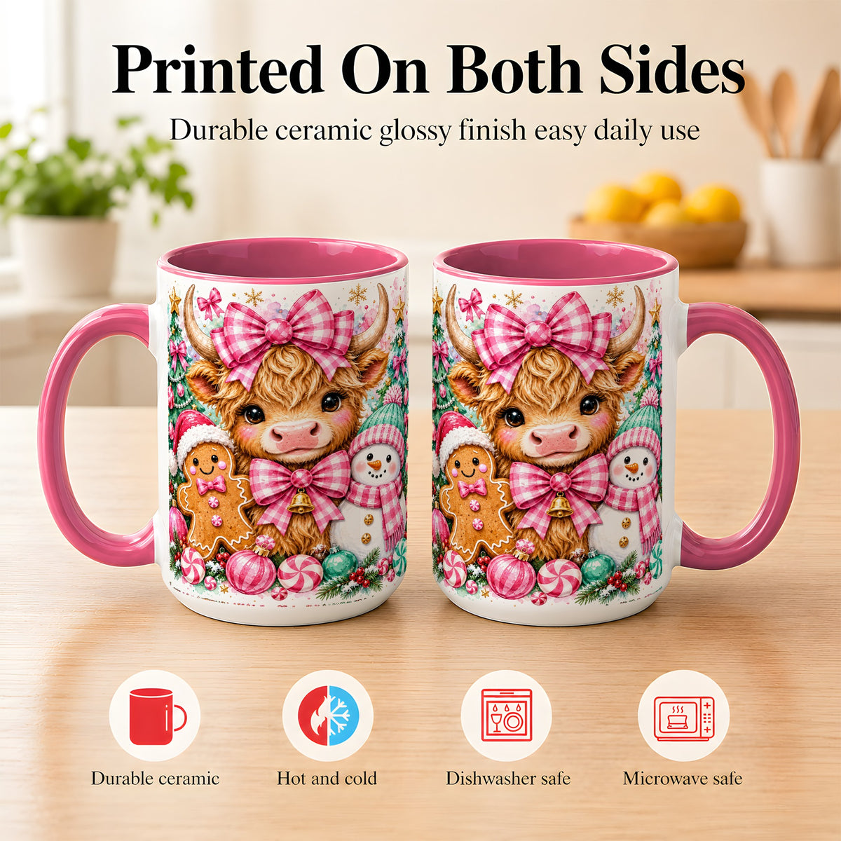 #pl[15oz|Pink] Highland Cow Coffee Mug, Pink Christmas Mug, Ceramic Cup