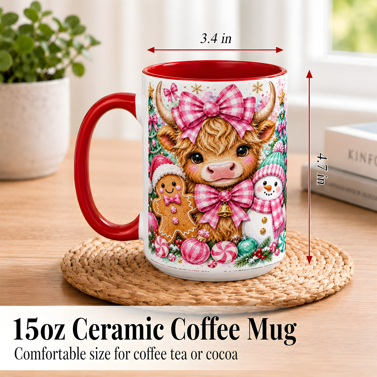 #pl[15oz|Red] Highland Cow Coffee Mug, Pink Christmas Mug, Ceramic Cup