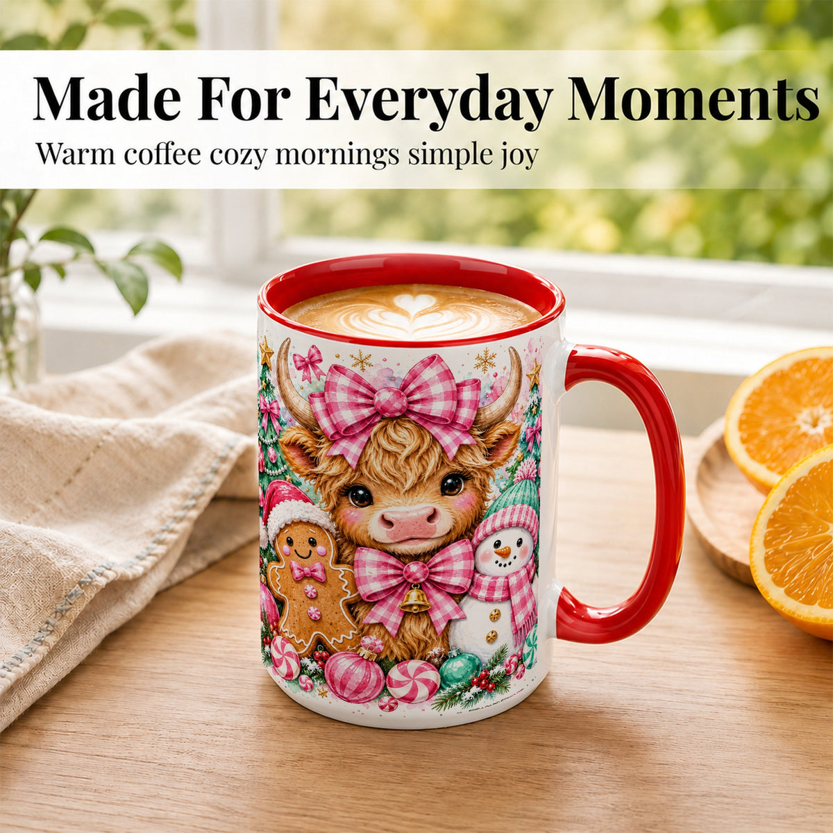 #pl[15oz|Red] Highland Cow Coffee Mug, Pink Christmas Mug, Ceramic Cup