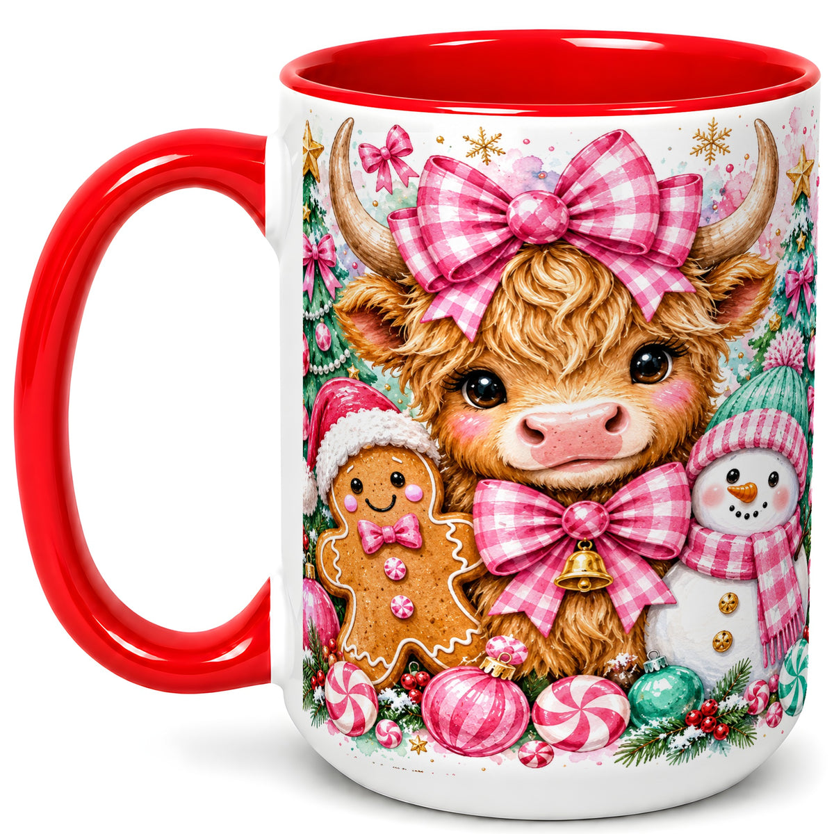 #pl[15oz|Red] Highland Cow Coffee Mug, Pink Christmas Mug, Ceramic Cup