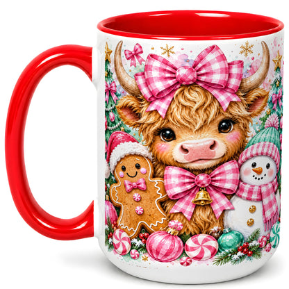 #pl[15oz|Red] Highland Cow Coffee Mug, Pink Christmas Mug, Ceramic Cup