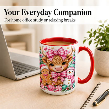 #pl[15oz|Red] Highland Cow Coffee Mug, Pink Christmas Mug, Ceramic Cup