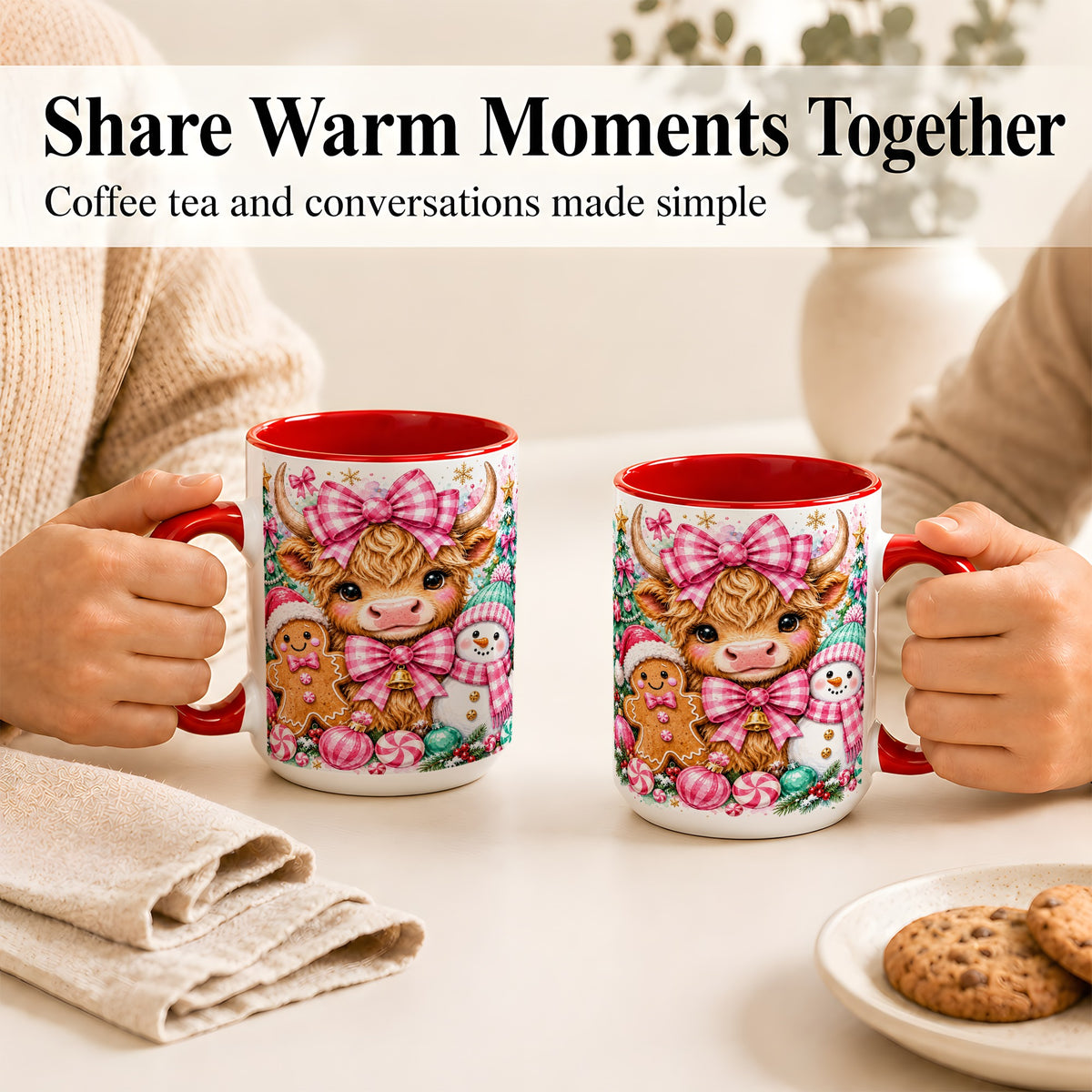 #pl[15oz|Red] Highland Cow Coffee Mug, Pink Christmas Mug, Ceramic Cup