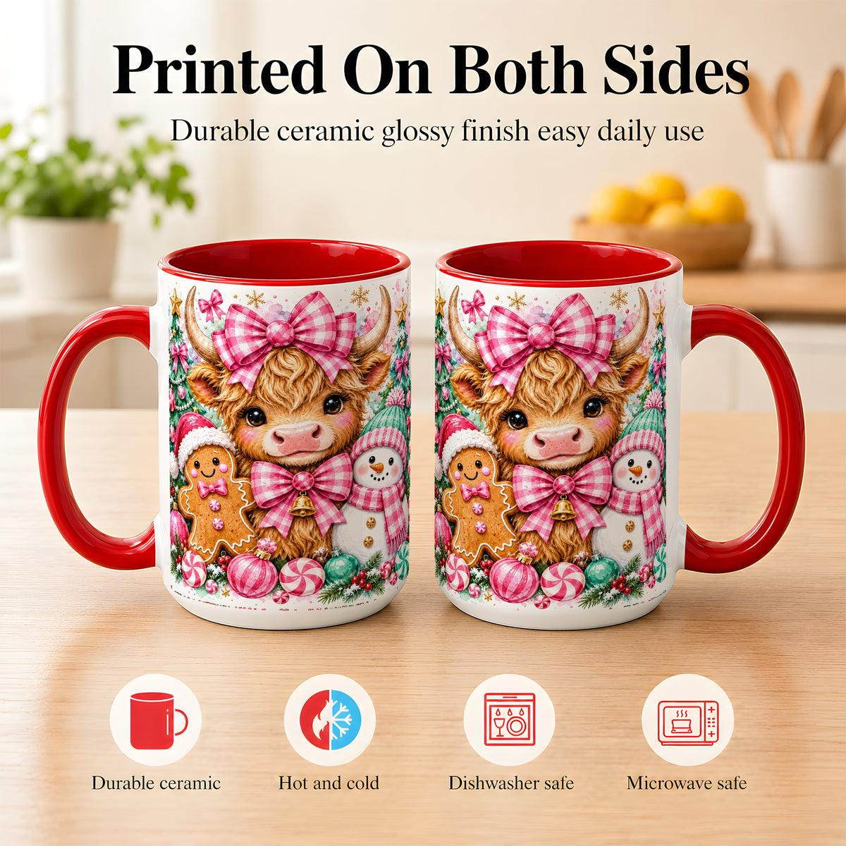 #pl[15oz|Red] Highland Cow Coffee Mug, Pink Christmas Mug, Ceramic Cup