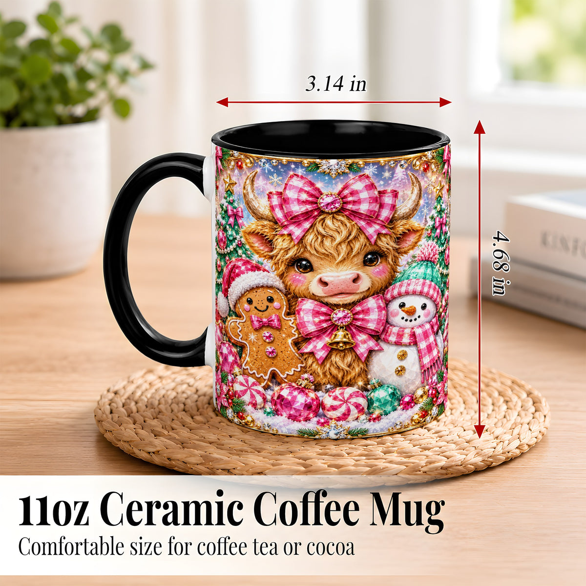 #pl[11oz|Black] Highland Cow Coffee Mug, Jewel Christmas Mug, Ceramic Cup