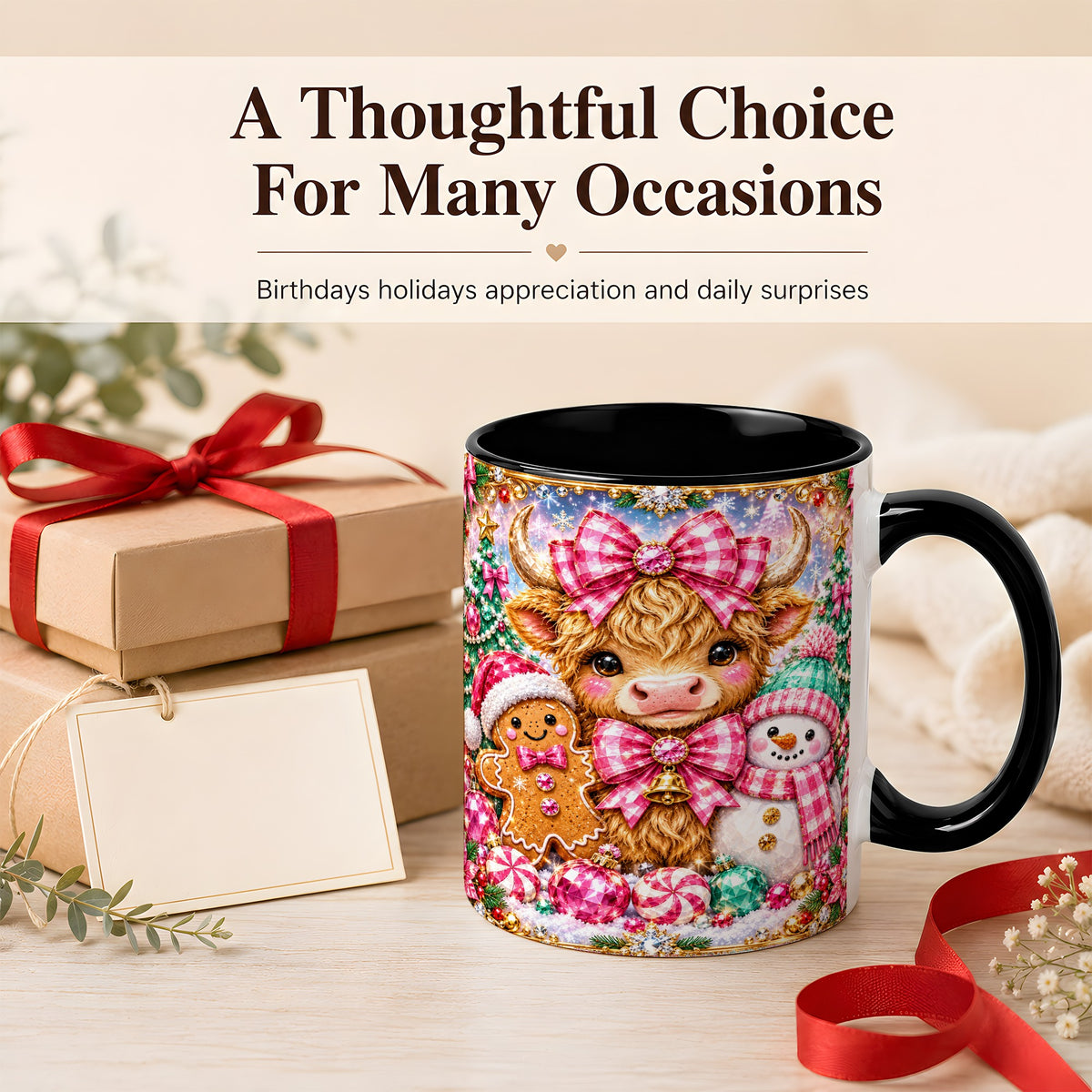 #pl[11oz|Black] Highland Cow Coffee Mug, Jewel Christmas Mug, Ceramic Cup