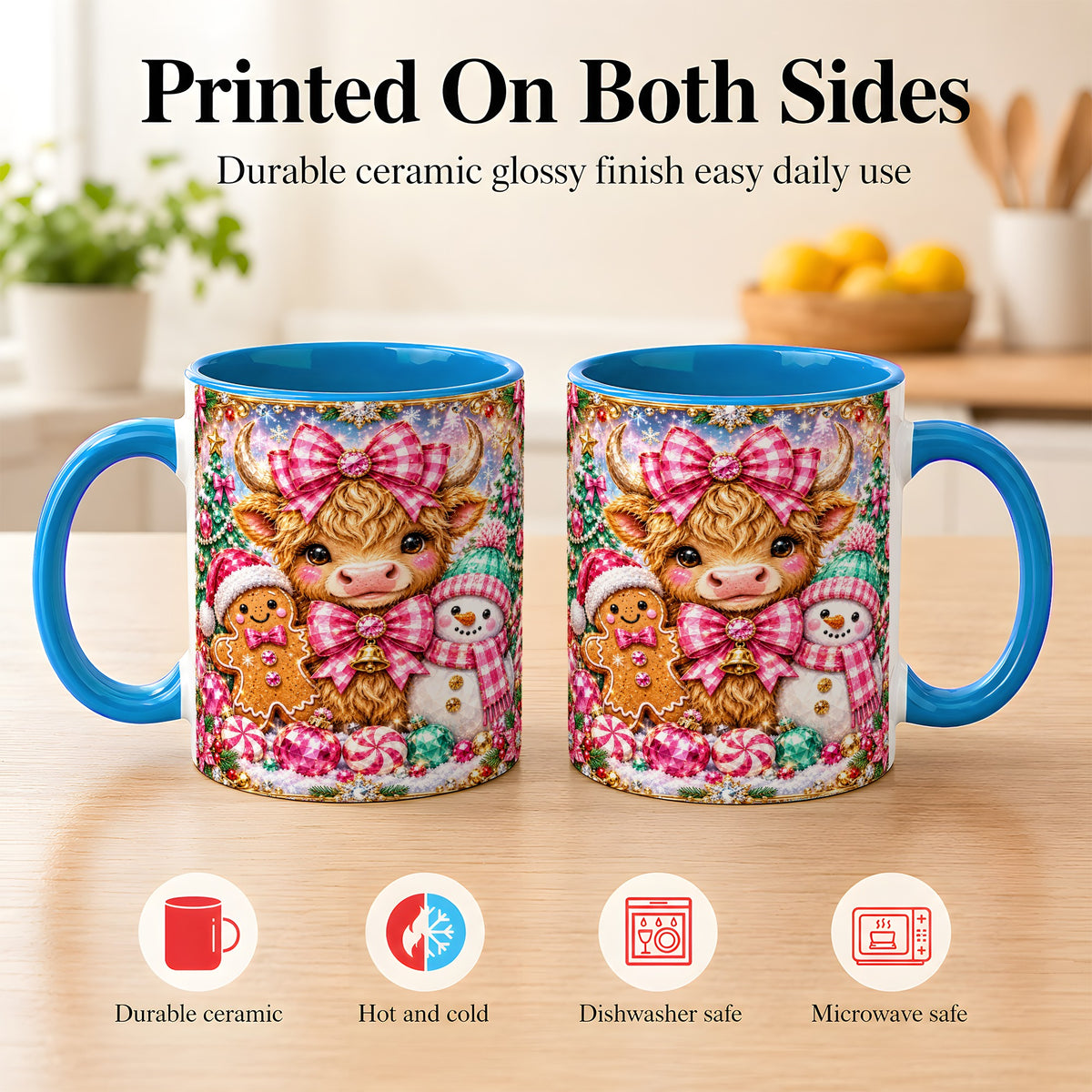 #pl[11oz|Blue] Highland Cow Coffee Mug, Jewel Christmas Mug, Ceramic Cup