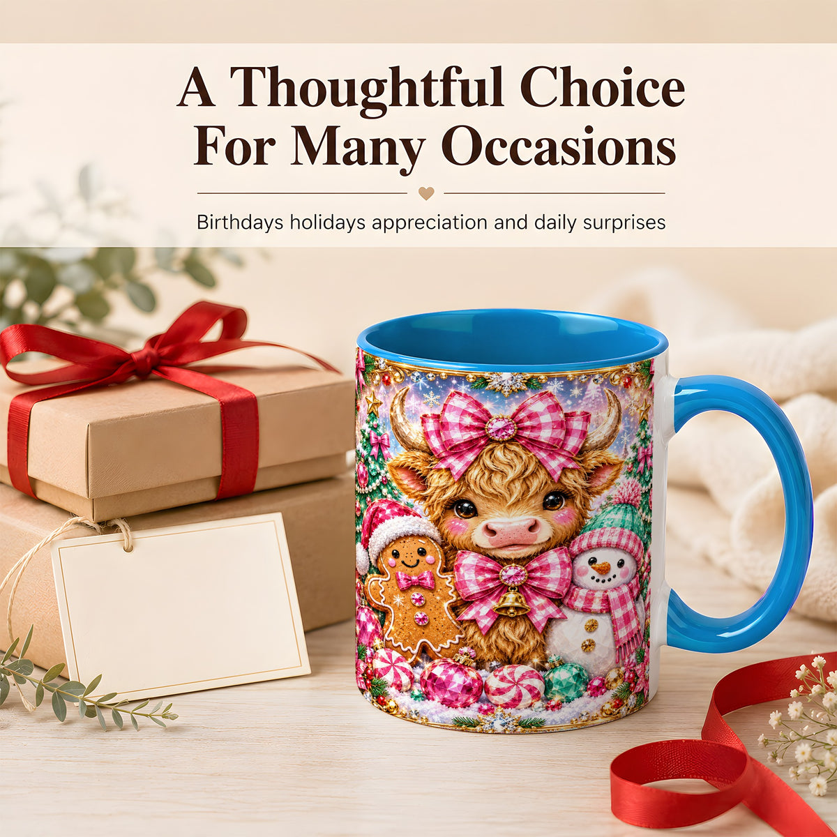 #pl[11oz|Blue] Highland Cow Coffee Mug, Jewel Christmas Mug, Ceramic Cup