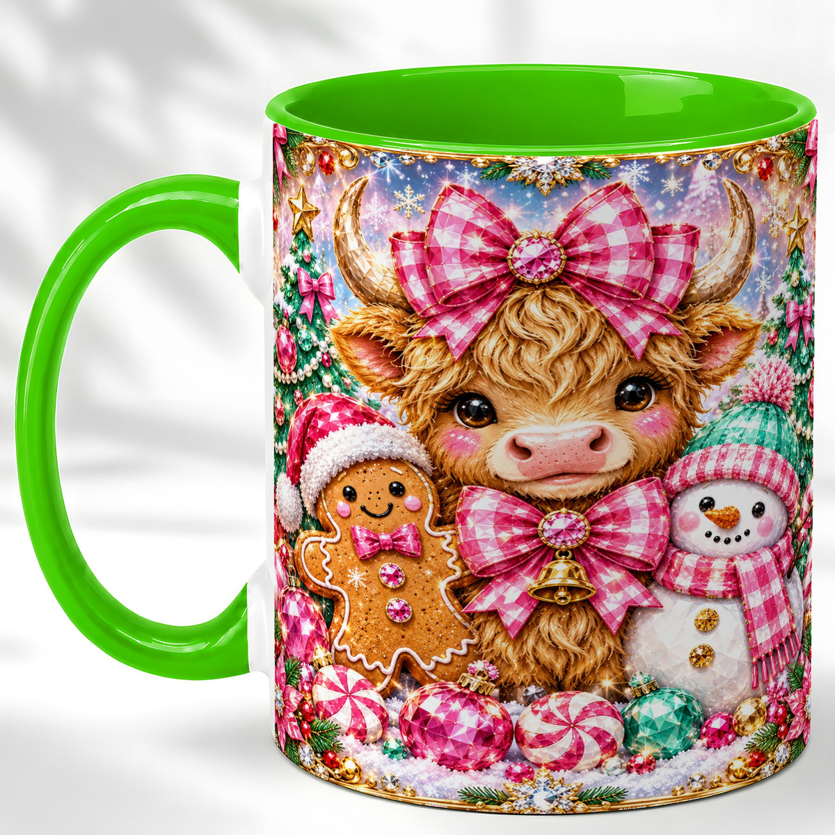 #pl[11oz|Green] Highland Cow Coffee Mug, Jewel Christmas Mug, Ceramic Cup