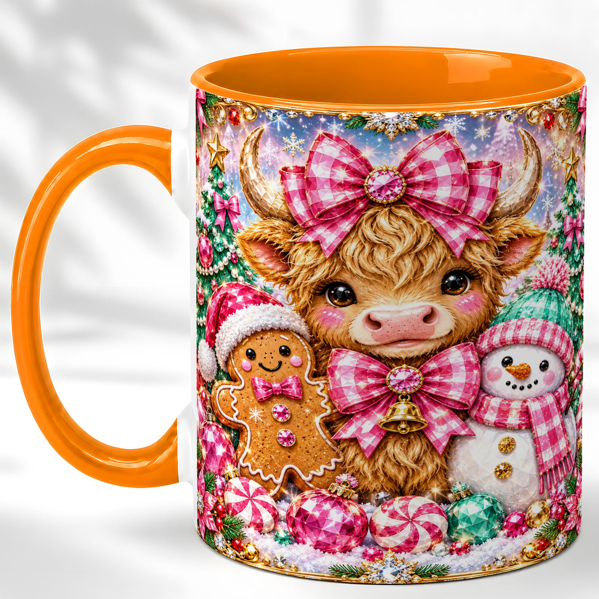 #pl[11oz|Orange] Highland Cow Coffee Mug, Jewel Christmas Mug, Ceramic Cup
