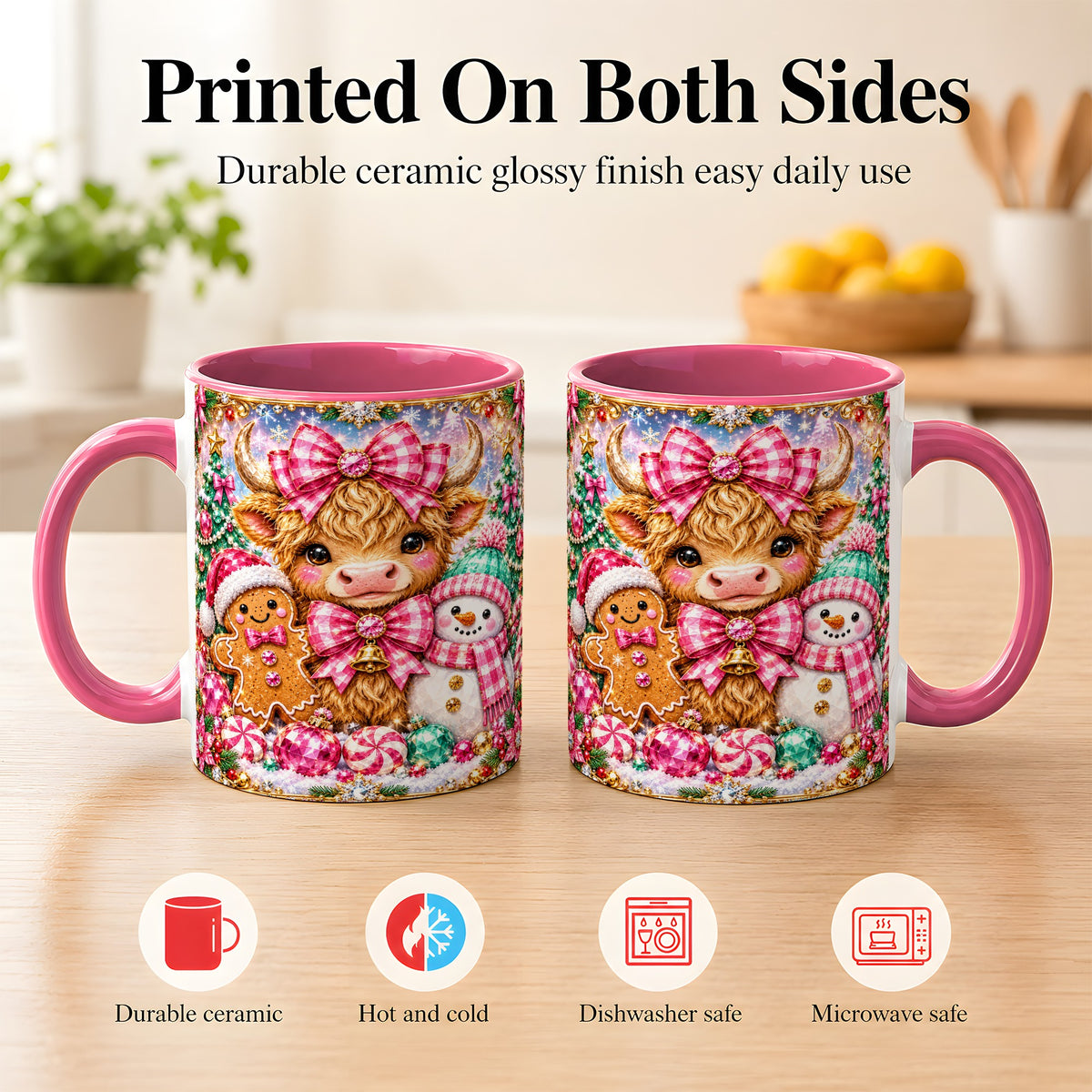 #pl[11oz|Pink] Highland Cow Coffee Mug, Jewel Christmas Mug, Ceramic Cup