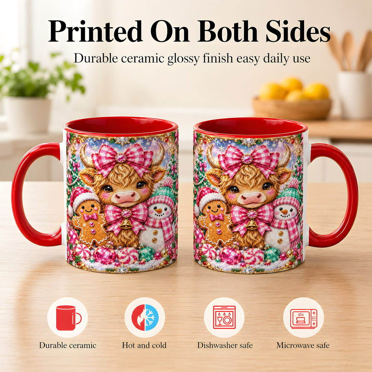 #pl[11oz|Red] Highland Cow Coffee Mug, Jewel Christmas Mug, Ceramic Cup