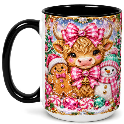 #pl[15oz|Black] Highland Cow Coffee Mug, Jewel Christmas Mug, Ceramic Cup