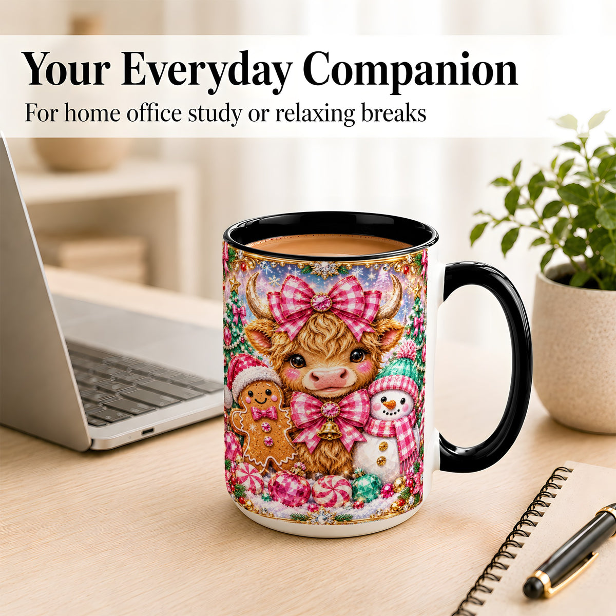 #pl[15oz|Black] Highland Cow Coffee Mug, Jewel Christmas Mug, Ceramic Cup