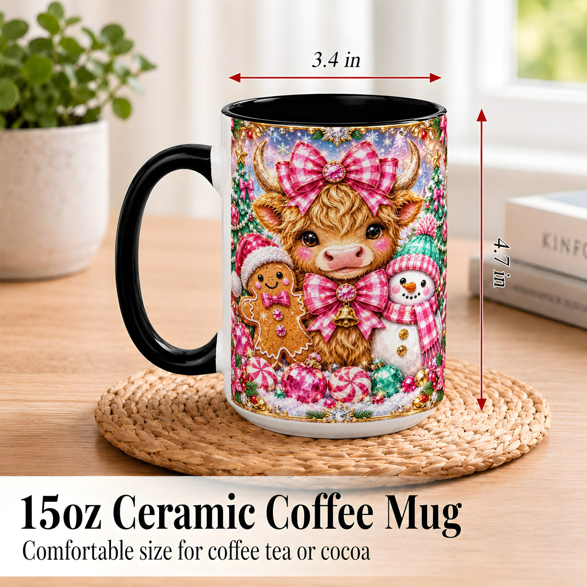 #pl[15oz|Black] Highland Cow Coffee Mug, Jewel Christmas Mug, Ceramic Cup