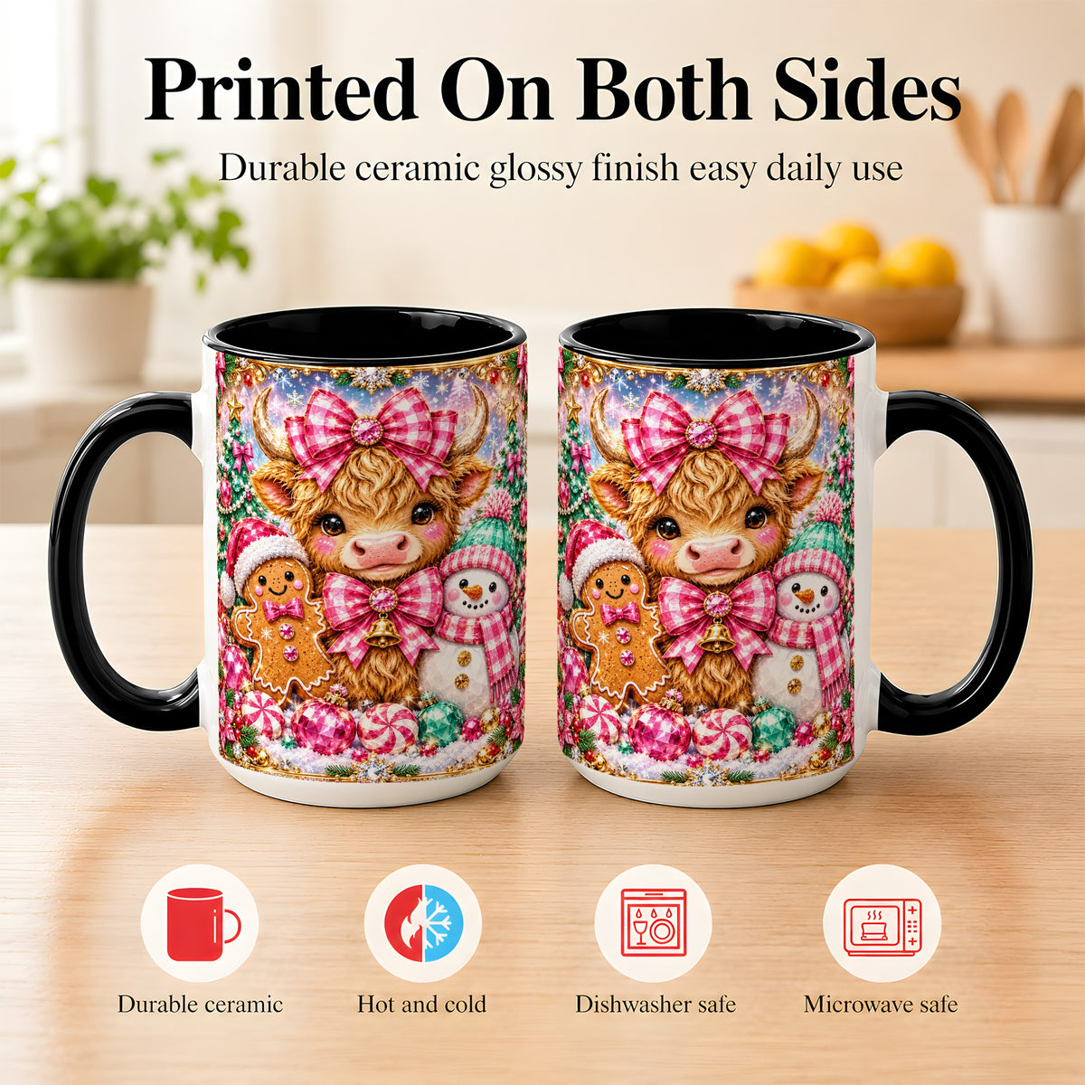 #pl[15oz|Black] Highland Cow Coffee Mug, Jewel Christmas Mug, Ceramic Cup