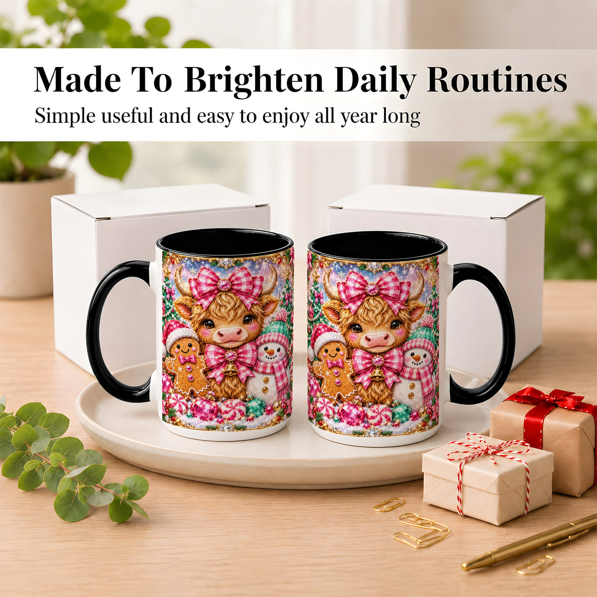 #pl[15oz|Black] Highland Cow Coffee Mug, Jewel Christmas Mug, Ceramic Cup