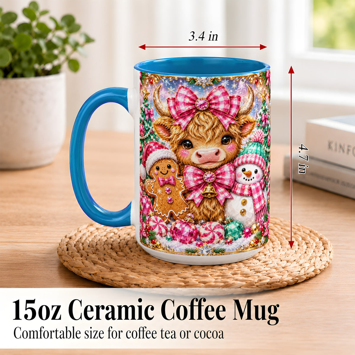 #pl[15oz|Blue] Highland Cow Coffee Mug, Jewel Christmas Mug, Ceramic Cup