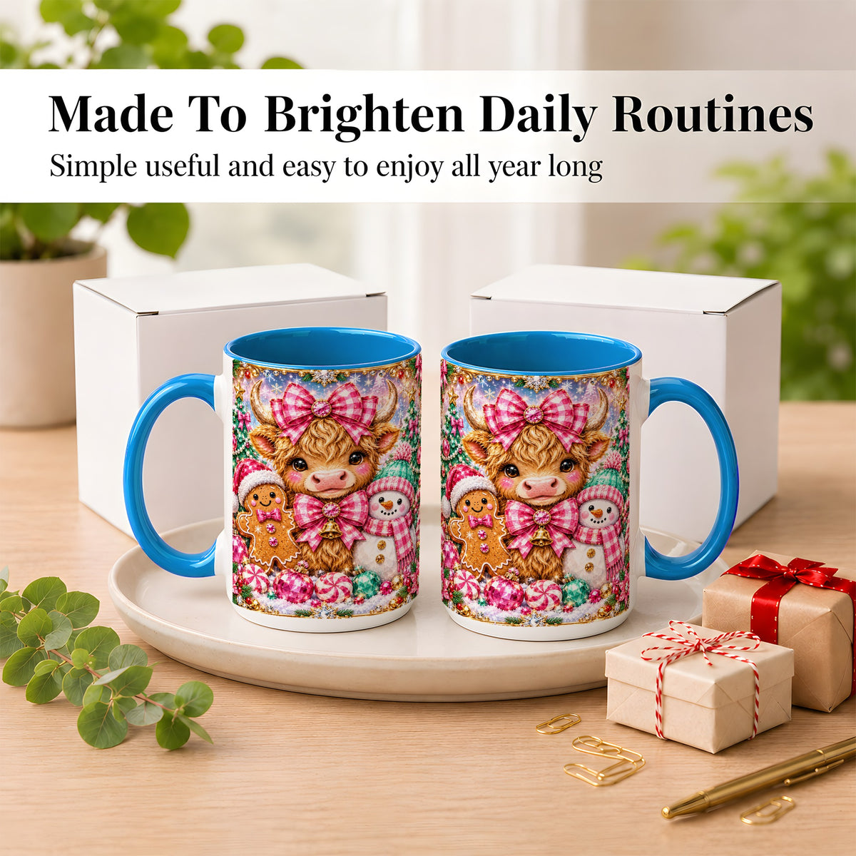 #pl[15oz|Blue] Highland Cow Coffee Mug, Jewel Christmas Mug, Ceramic Cup