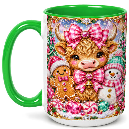 #pl[15oz|Green] Highland Cow Coffee Mug, Jewel Christmas Mug, Ceramic Cup