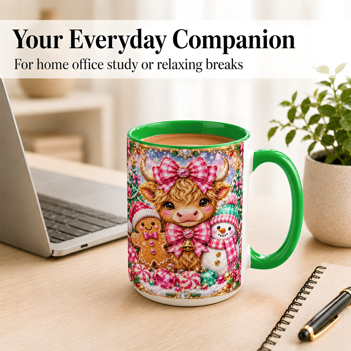 #pl[15oz|Green] Highland Cow Coffee Mug, Jewel Christmas Mug, Ceramic Cup