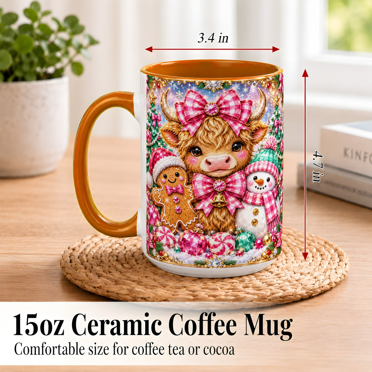 #pl[15oz|Orange] Highland Cow Coffee Mug, Jewel Christmas Mug, Ceramic Cup