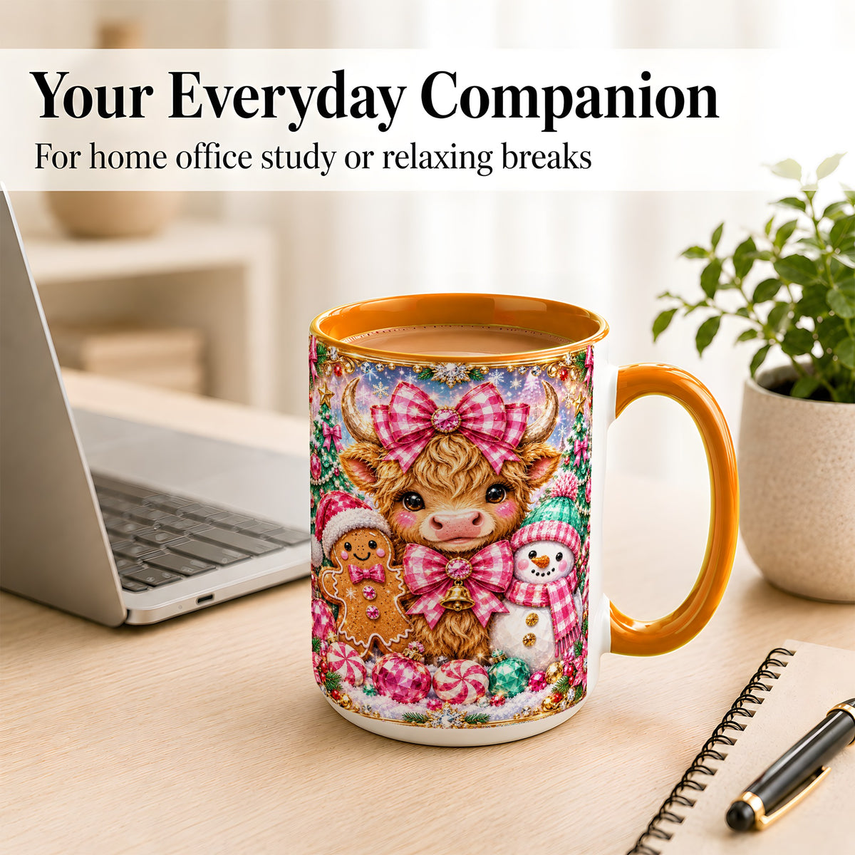 #pl[15oz|Orange] Highland Cow Coffee Mug, Jewel Christmas Mug, Ceramic Cup