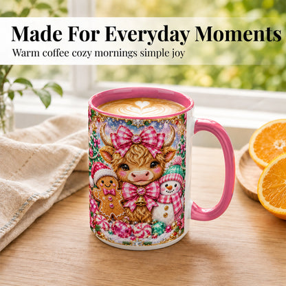 #pl[15oz|Pink] Highland Cow Coffee Mug, Jewel Christmas Mug, Ceramic Cup
