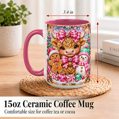 #pl[15oz|Pink] Highland Cow Coffee Mug, Jewel Christmas Mug, Ceramic Cup