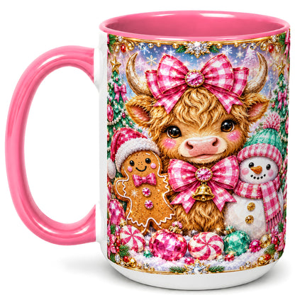 #pl[15oz|Pink] Highland Cow Coffee Mug, Jewel Christmas Mug, Ceramic Cup