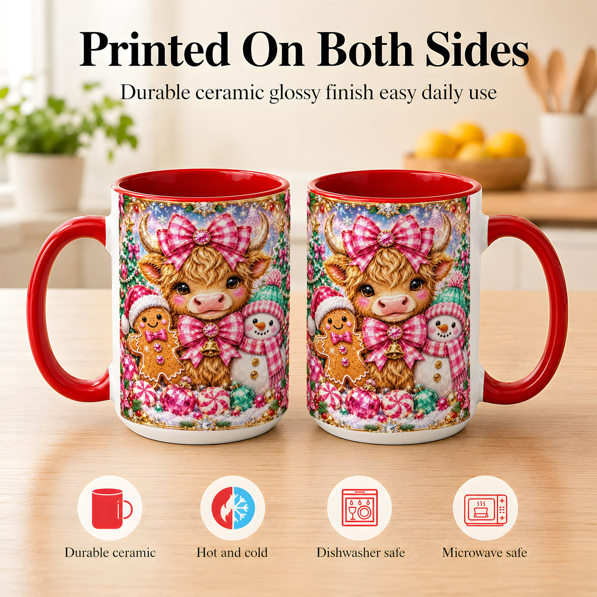 #pl[15oz|Red] Highland Cow Coffee Mug, Jewel Christmas Mug, Ceramic Cup
