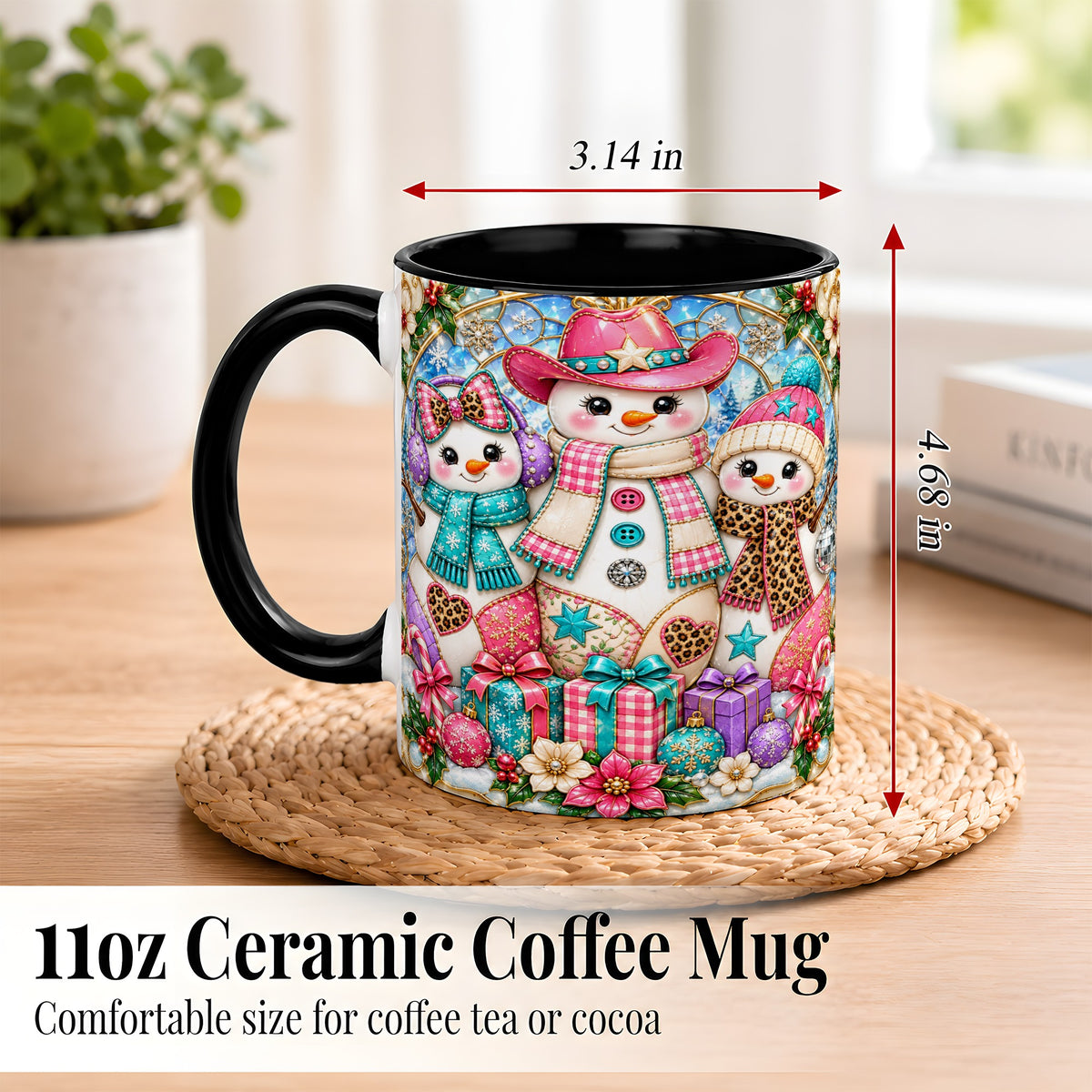 #pl[11oz|Black] Western Snowmen Coffee Mug, Stained Glass Style Mug, Ceramic Cup