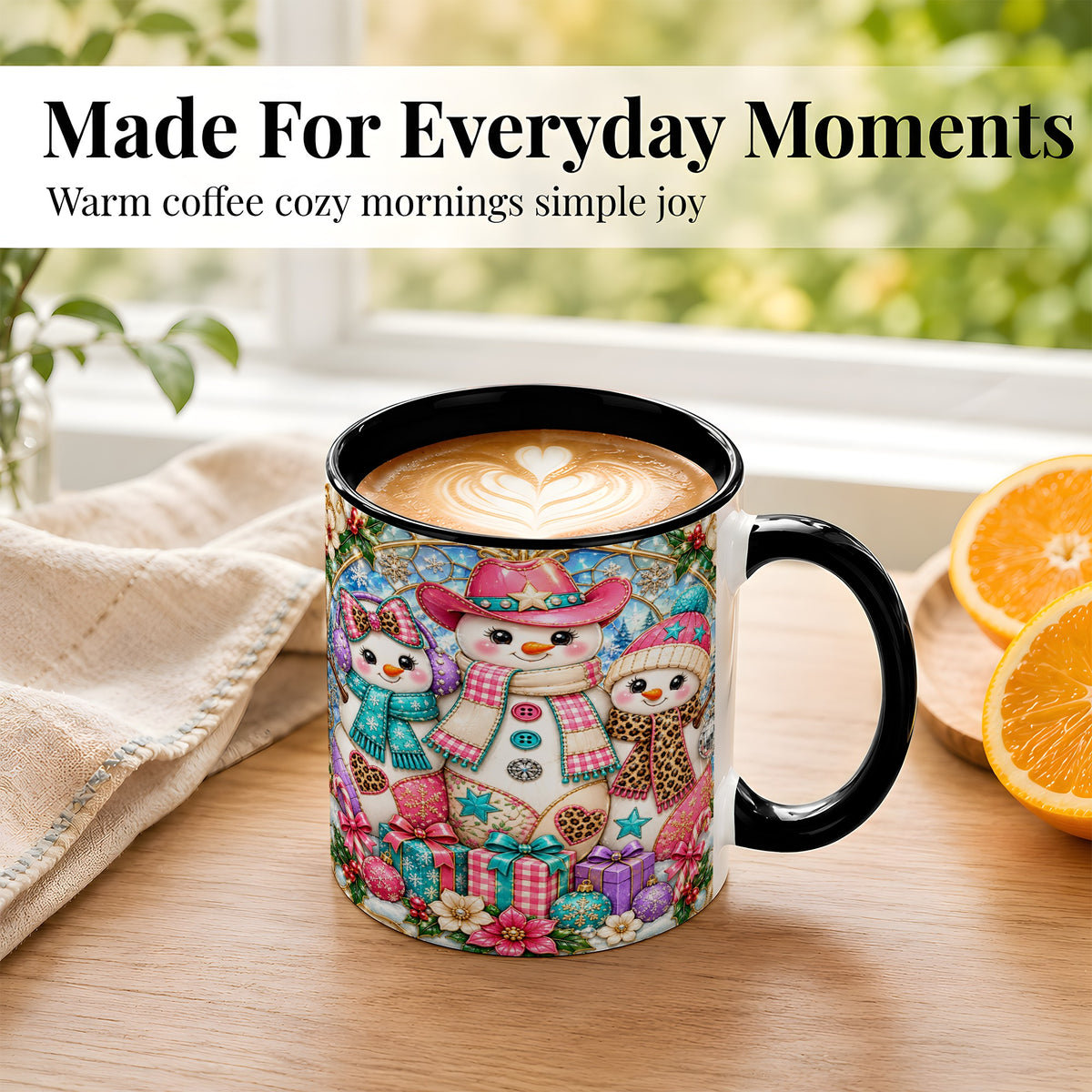 #pl[11oz|Black] Western Snowmen Coffee Mug, Stained Glass Style Mug, Ceramic Cup