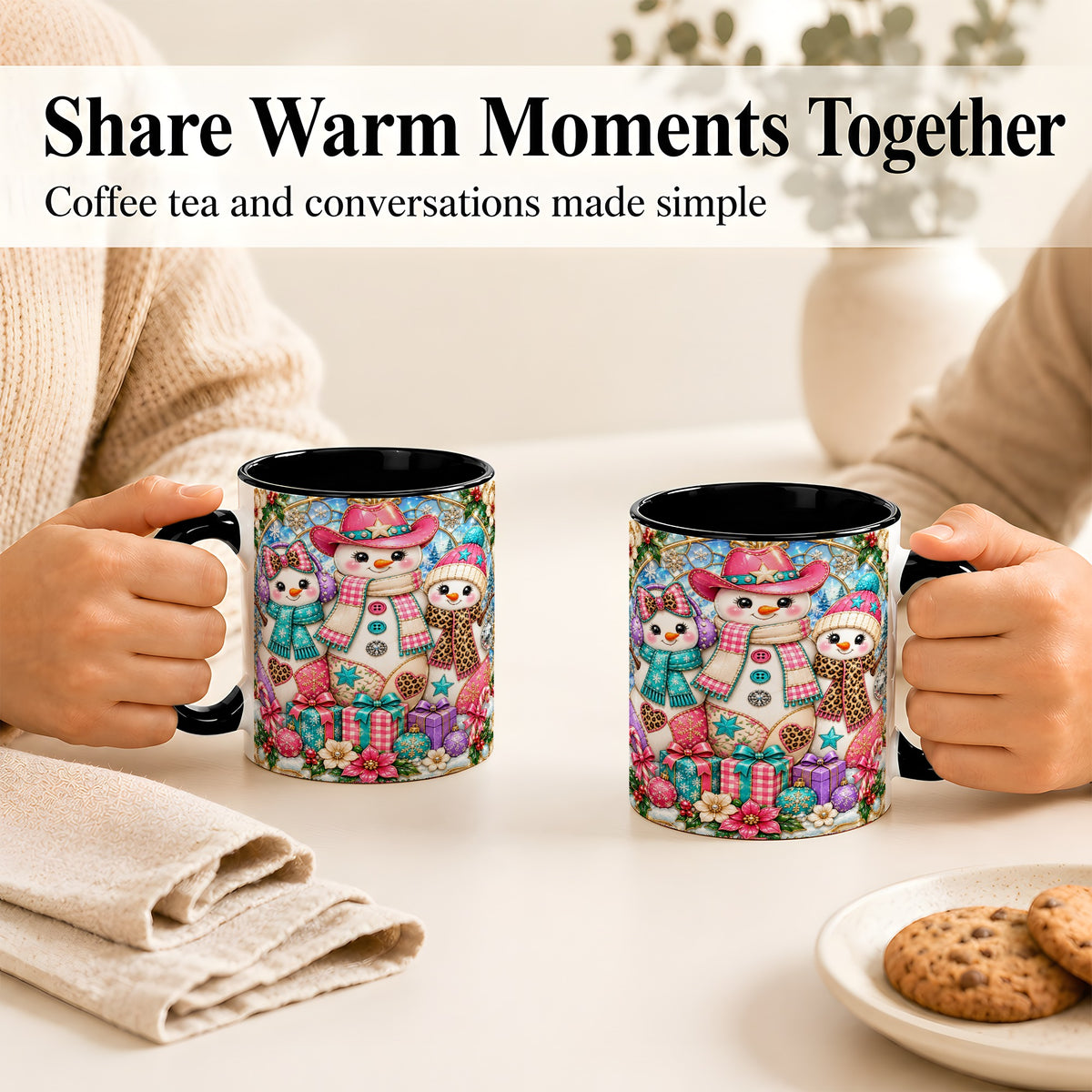 #pl[11oz|Black] Western Snowmen Coffee Mug, Stained Glass Style Mug, Ceramic Cup