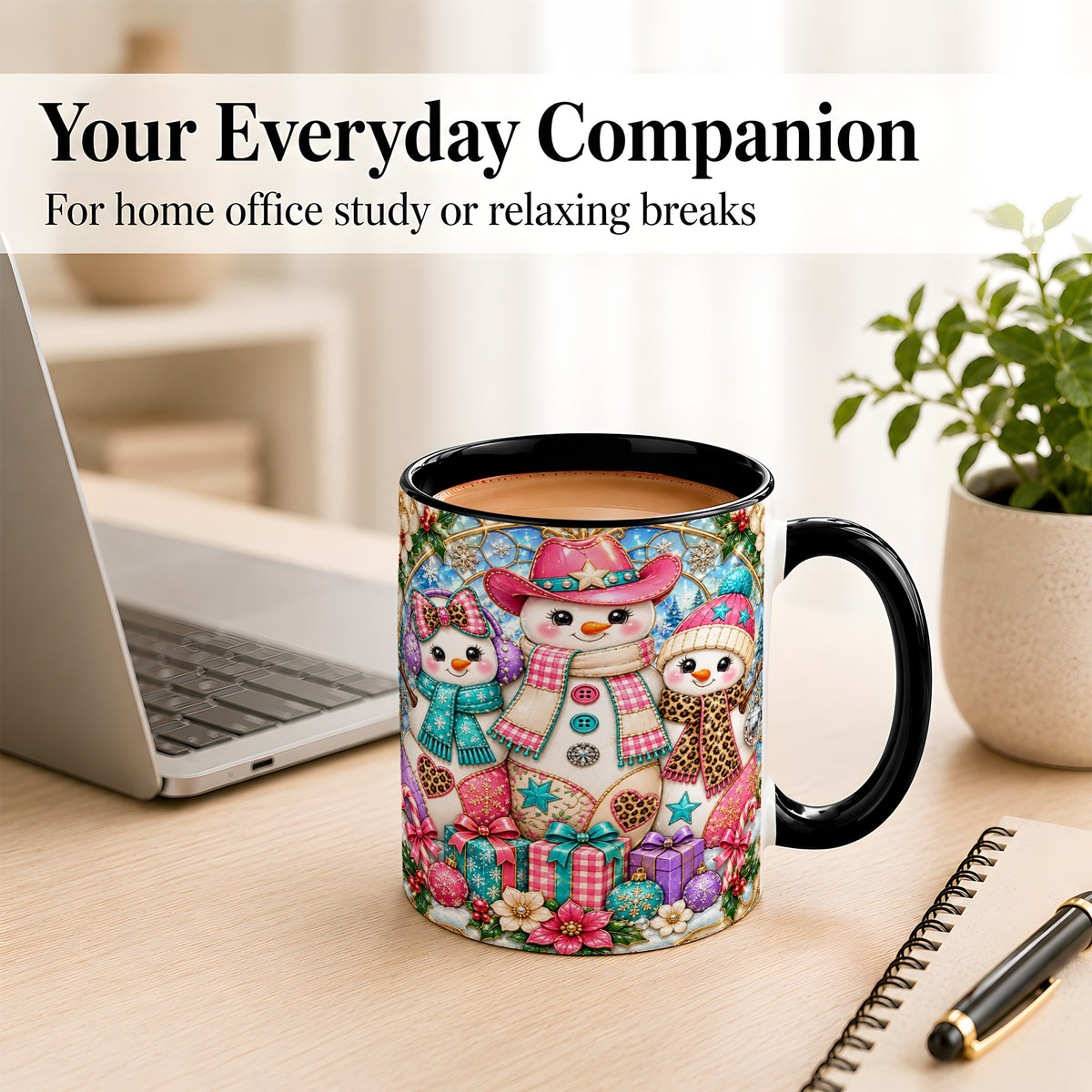 #pl[11oz|Black] Western Snowmen Coffee Mug, Stained Glass Style Mug, Ceramic Cup