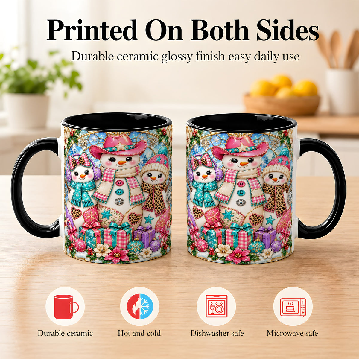 #pl[11oz|Black] Western Snowmen Coffee Mug, Stained Glass Style Mug, Ceramic Cup