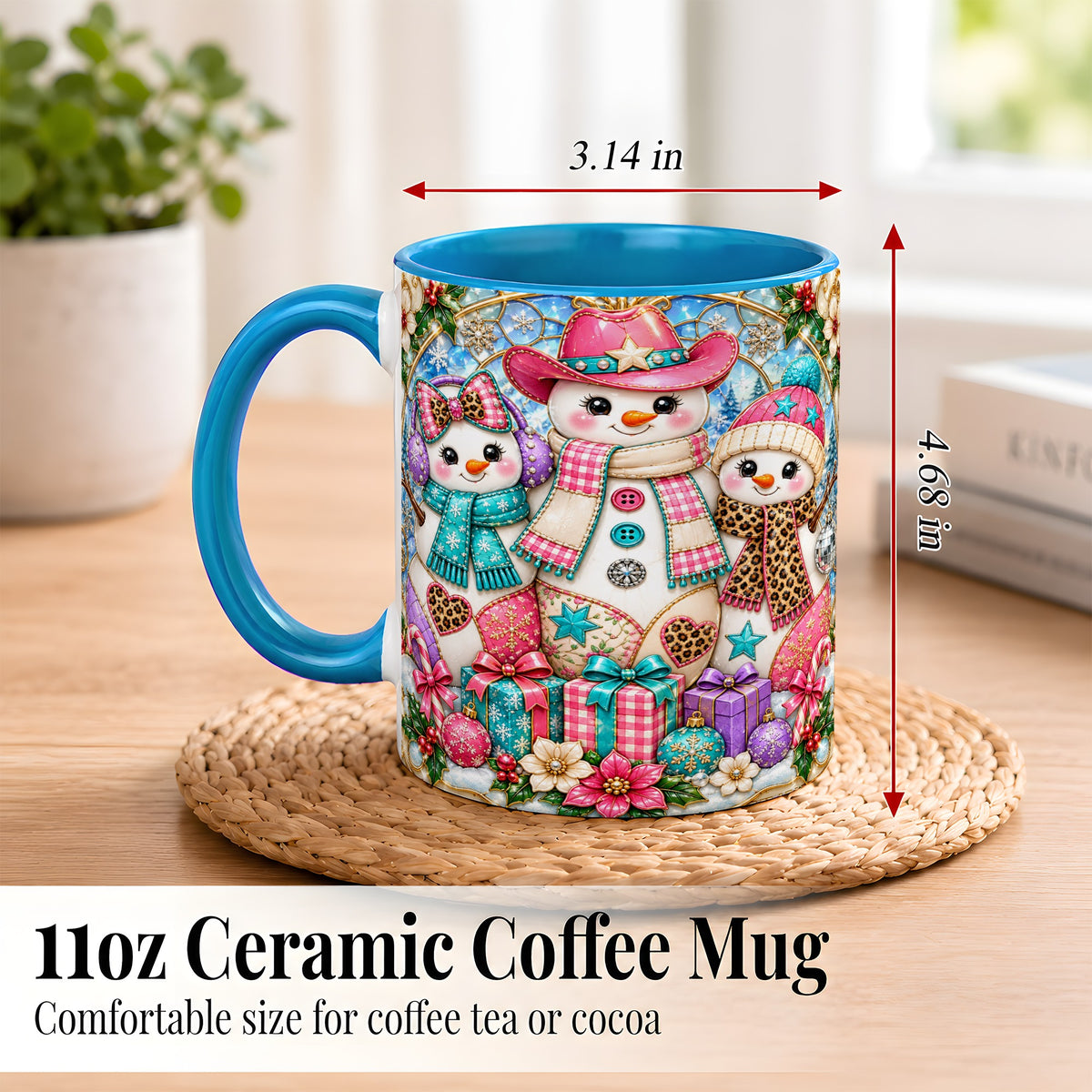 #pl[11oz|Blue] Western Snowmen Coffee Mug, Stained Glass Style Mug, Ceramic Cup