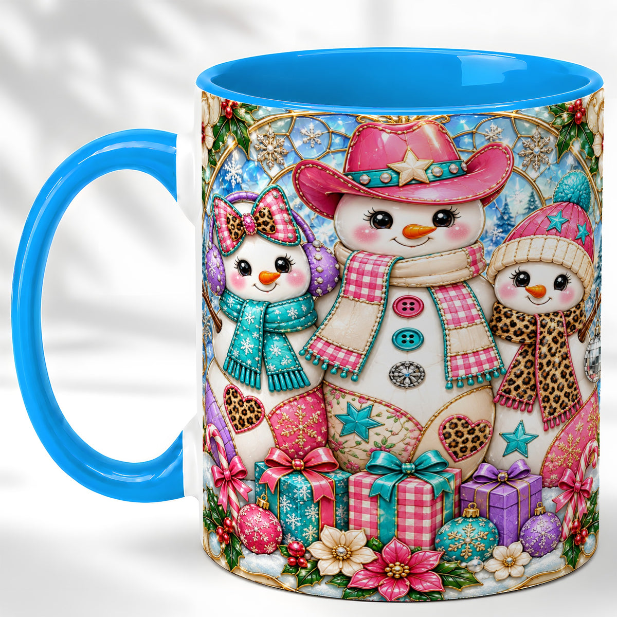 #pl[11oz|Blue] Western Snowmen Coffee Mug, Stained Glass Style Mug, Ceramic Cup