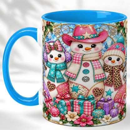 #pl[11oz|Blue] Western Snowmen Coffee Mug, Stained Glass Style Mug, Ceramic Cup