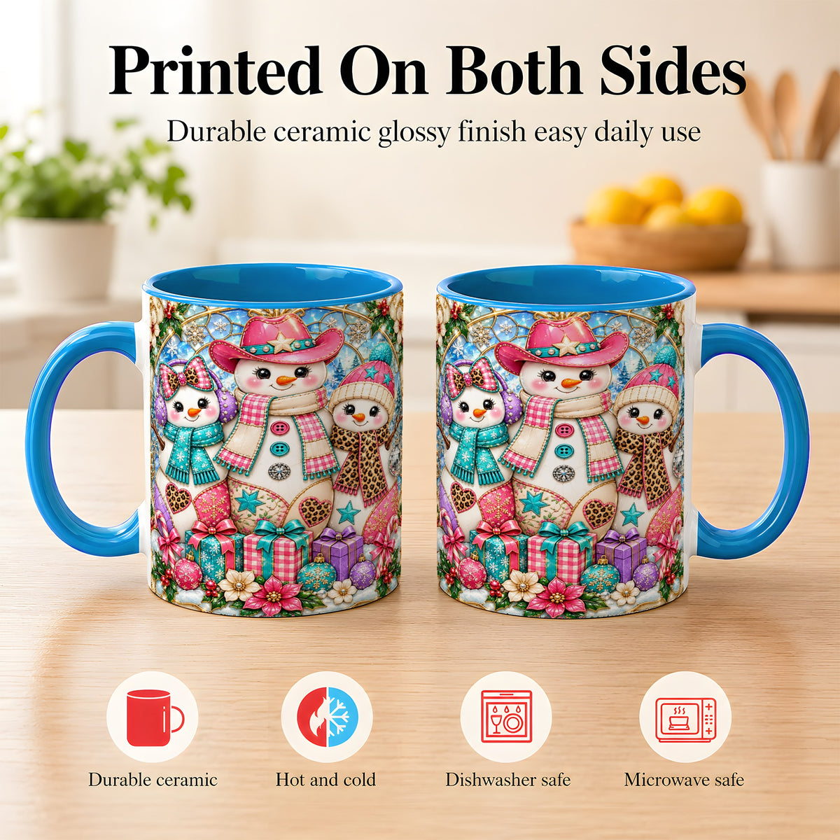 #pl[11oz|Blue] Western Snowmen Coffee Mug, Stained Glass Style Mug, Ceramic Cup
