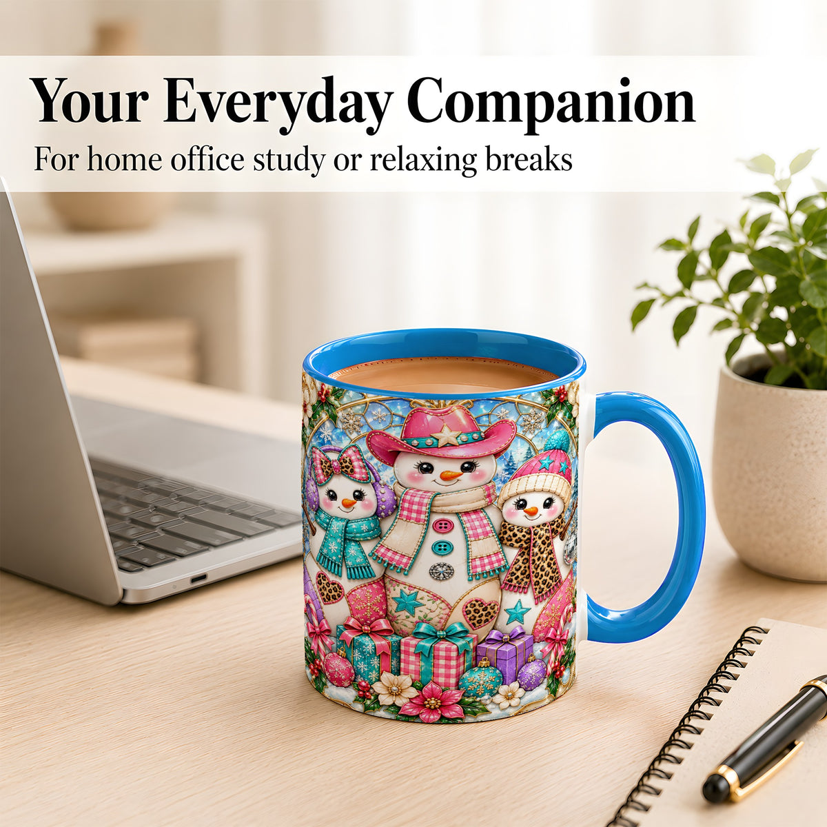 #pl[11oz|Blue] Western Snowmen Coffee Mug, Stained Glass Style Mug, Ceramic Cup