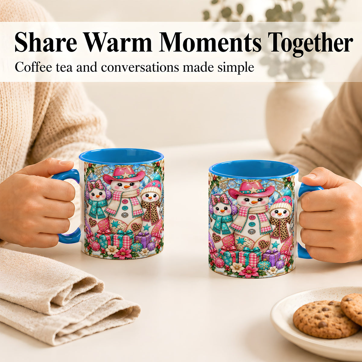 #pl[11oz|Blue] Western Snowmen Coffee Mug, Stained Glass Style Mug, Ceramic Cup