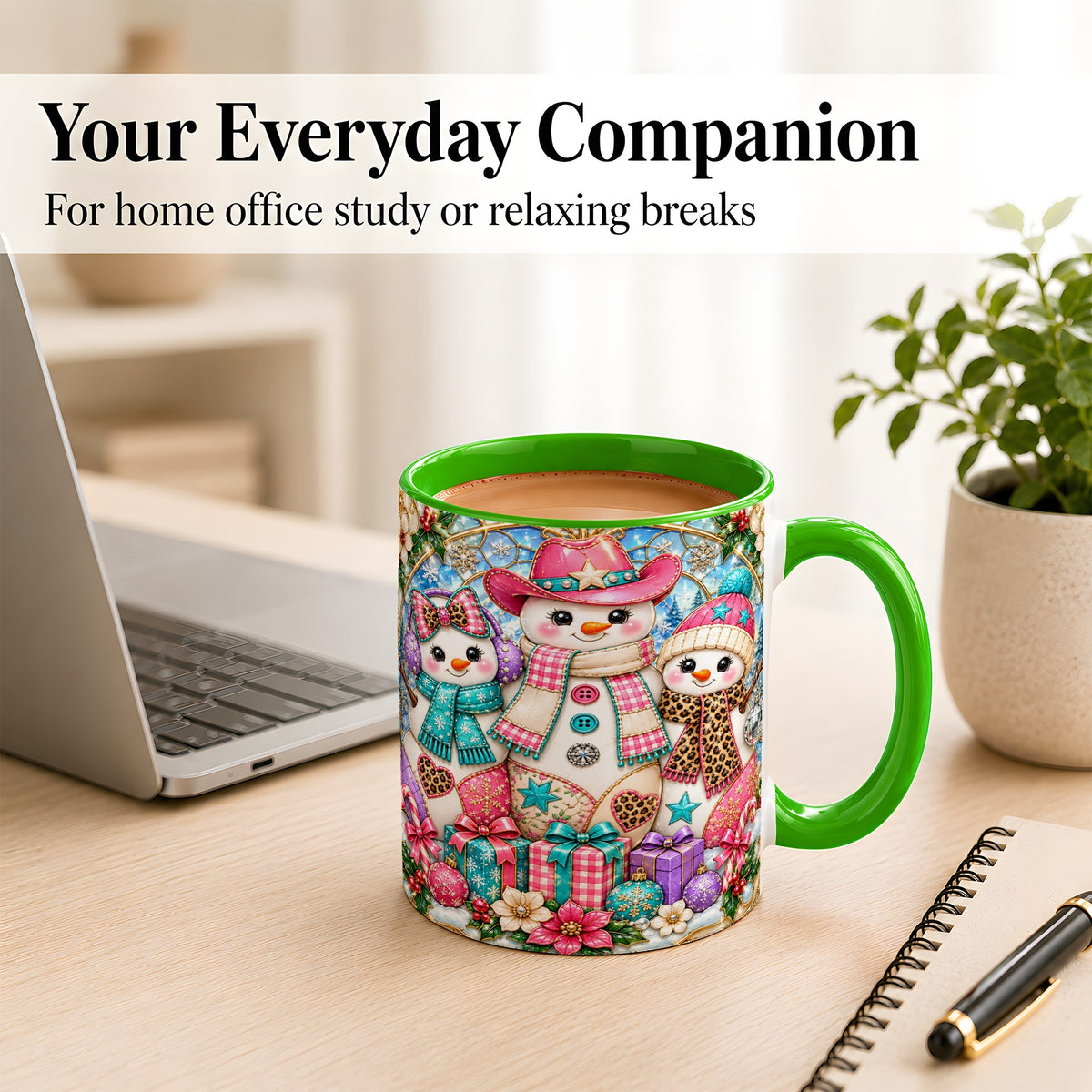 #pl[11oz|Green] Western Snowmen Coffee Mug, Stained Glass Style Mug, Ceramic Cup